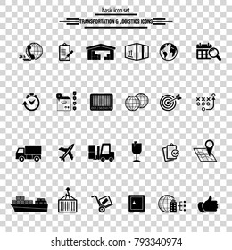  Logistics service icon set. Fast delivery and quality service transportation. Shipping vector icons for logistic company.