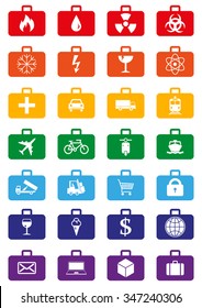 Logistics service icons set represented by suitcases with logistics symbols. Quick delivery of any type of cargo around the world using all possible kinds of transport to save clients time and money.