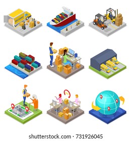 Logistics service isometric 3D set. Global freight shipping and distribution, fast delivery transportation, warehouse management. Sea, rail, air and road cargo transportation vector illustration.