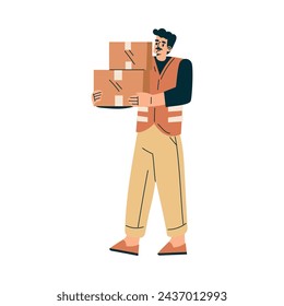 Logistics Service Man Worker Character Hold Carton Container Vector Illustration