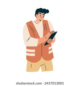 Personaje del trabajador del hombre del servicio logístico con la ilustración vectorial de la tableta