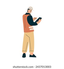 Logistics Service Man Worker Character with Tablet Vector Illustration