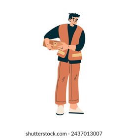 Logistics Service Man Worker Character Hold Carton Container Vector Illustration