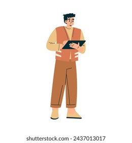 Logistics Service Man Worker Character with Tablet Vector Illustration