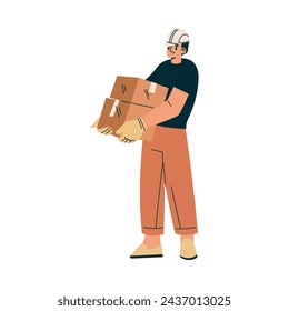 Logistics Service Man Worker Character Carry Carton Container Vector Illustration