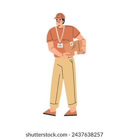 Logistik Service MAN Arbeiter Charakter Hold Karton Behälter Vektor-Illustration