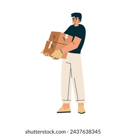 Logistics Service Man Worker Character Carry Carton Container Vector Illustration