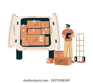 Logistics Service Man Worker Character at Van with Carton Container Vector Illustration