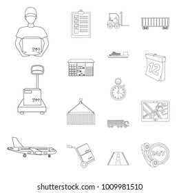Logistics service outline icons in set collection for design. Logistics and equipment vector symbol stock web illustration.