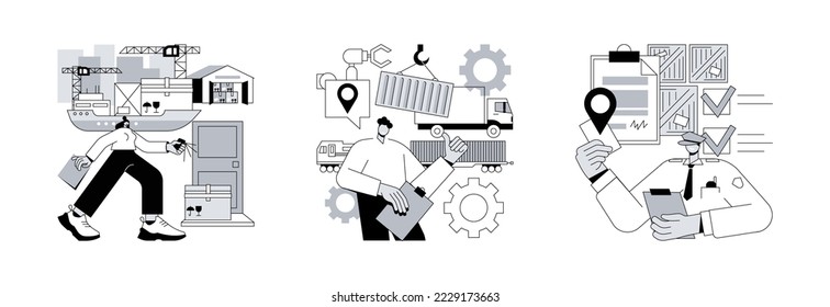 Logistics service provider abstract concept vector illustration set. Inland transport, container transportation, freight quote request, land port, ship loading, shipping proposal abstract metaphor.