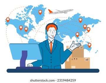 Logistics service provider and Call center concept with 2D cartoon character on white background. Global export and import airlinnes. Vector illustration eps10