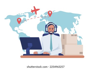 Logistikdienstleister Flach-Konzept, Vektorgrafik. Callcenter. Bearbeitbarer 2D-Cartoon-Charakter auf weiß für Web-Design. Die kreative Idee des Frachtkoordinators für Website, Mobilfunk, Präsentation