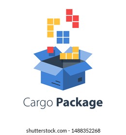 Logistics services, assemble parcel, multiple shop order, pack large set of items in box, store purchase shipment, vector flat illustration