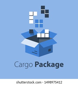 Logistics services, assemble parcel, multiple shop order, pack large set of items in box, store purchase shipment, vector flat illustration