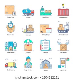Iconos de servicios de logística con paquete de estilo moderno y plano 