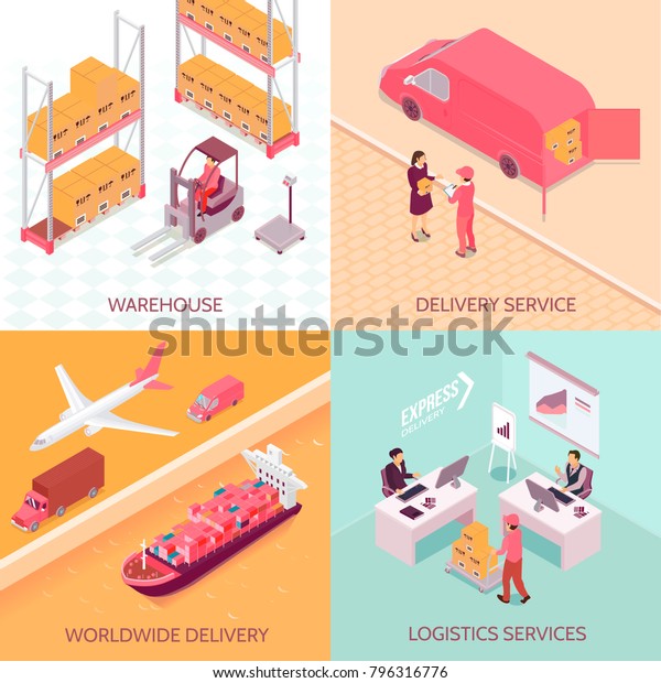 Logistics services isometric design concept\
with goods at warehouse, worldwide delivery, shipping to client\
isolated vector\
illustration