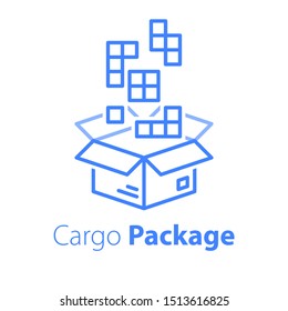 Logistics services, linear design, assemble parcel, multiple shop order, pack large set of items in box, store purchase shipment, vector line icon svg