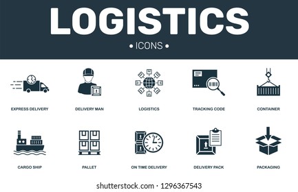 Logistics set icons collection. Includes simple elements such as Express delivery, Pallet, Packaging, Cargo Ship and Container premium icons.