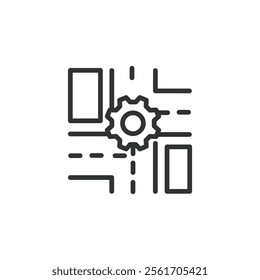 Logistics Settings, icon in line design. Logistics, settings, gear, transportation, delivery, supply chain, cargo on white background vector. Logistics Settings editable stroke icon