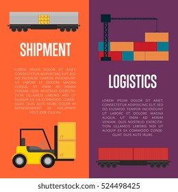 Logistics and shipment banner set vector illustration. Shipment template with forklift truck loading boxes. Logistic concept with cargo crane loading container. Delivery service, shipping and storage