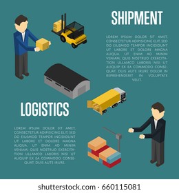 Logistics shipment isometric vector illustration. Warehouse terminal, forklift truck, cargo crane, delivery manager, commercial truck icon. Freight shipping, cargo transportation, logistics management