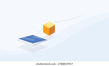 Logistics Shipping Box and Digital Platform Isometric Illustration for E-commerce Delivery and Supply Chain Management Concept. Minimalist isometric illustration of a yellow cardboard box floating over a blue digital platform with a dashed movement path on a clean white grid background representing logistics technology.