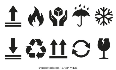 Logistics and shipping cargo handling icons, black silhouette set for packaging, package care, safety, security, and storage.
