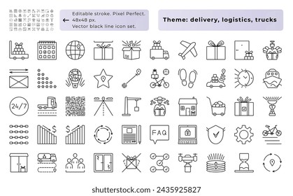 Logistics, shipping, cargo. Vector black line icon set, 50 signs - 48x48 px (editable stroke, pixel perfect) and 300x300 px (not editable stroke, pixel perfect)