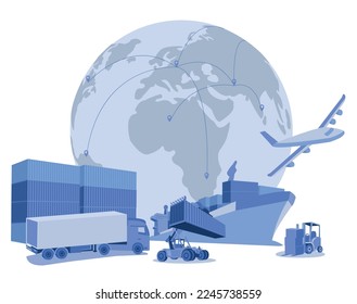 Logistik und Verschiffung von Containerfahrzeugen im Schiffshafen für die gewerbliche Containerschifffahrt und Frachtflugzeuge mit Kranbrücke, die bei Sonnenaufgang in der Werft arbeiten, Logistik-Import-Export und Schifffahrt