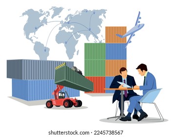 Logistics and shipping of container truck at ship port for business Container Cargo ship and cargo plane with crane bridge working at shipyard at sunrise, logistics import export and shipping svg