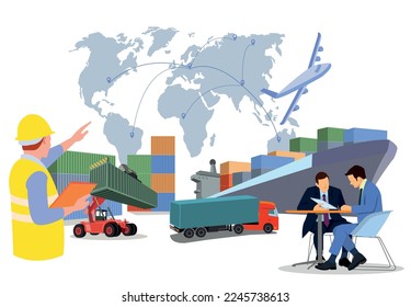 Logistics and shipping of container truck at ship port for business Container Cargo ship and cargo plane with crane bridge working at shipyard at sunrise, logistics import export and shipping
