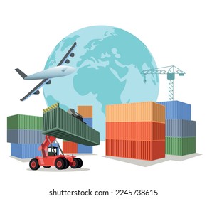 Logistics and shipping of container truck at ship port for business Container Cargo ship and cargo plane with crane bridge working at shipyard at sunrise, logistics import export and shipping