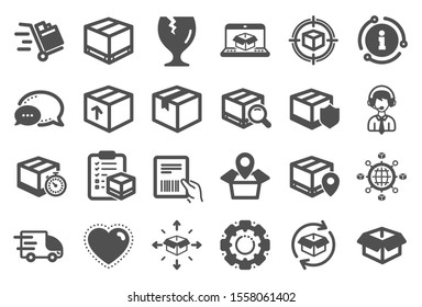 Logistics, Shipping document icons. Set of Truck Delivery, Box and Checklist icons. Parcel tracking shipping, World trade logistics. Location pin, Goods parcel insurance and document. Vector