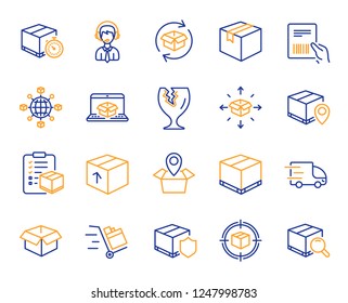 Logistics, Shipping document line icons. Set of Truck Delivery, Box and Checklist icons. Parcel tracking shipping, World trade logistics. Location pin, Goods parcel insurance and document. Vector