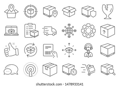 Logistics, Shipping document line icons. Set of Truck Delivery, Box and Checklist icons. Parcel tracking shipping, World trade logistics. Location pin, Goods parcel insurance and document. Vector