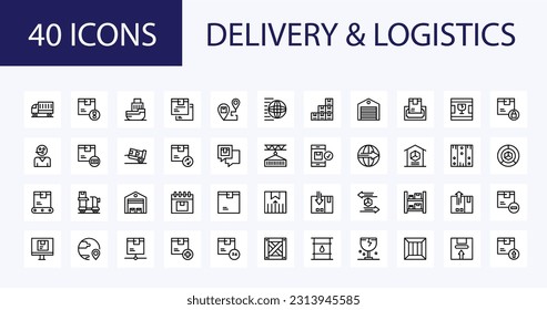 Logistics, Shipping document line icons. Set of Truck Delivery, Box and Checklist icons. Parcel tracking shipping, World trade logistics. Location pin, Goods parcel insurance and document. Vector