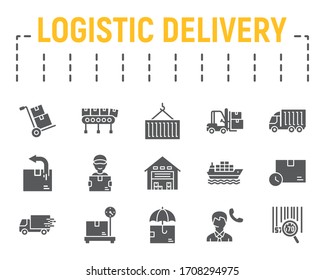 Logistics shipping glyph icon set, delivery symbols collection, vector sketches, logo illustrations, logistic delivery icons, shipping signs solid pictograms package isolated on white background