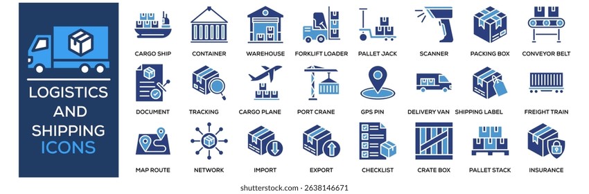 Logistics and Shipping icon collection set. Containing design Cargo Ship, Delivery Truck, Shipping Container, Warehouse Building, Forklift Loader