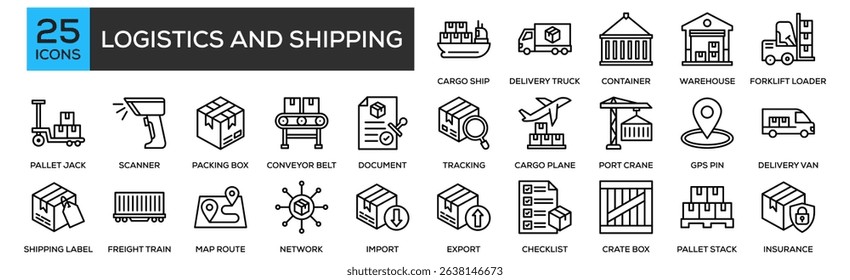 Logistics and Shipping icon collection set. Containing design Cargo Ship, Delivery Truck, Shipping Container, Warehouse Building, Forklift Loader