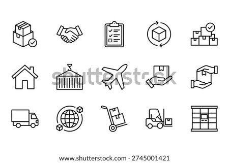 Logistics and shipping icons: delivery, cargo, transportation, airplane, truck, warehouse, handshake, checklist