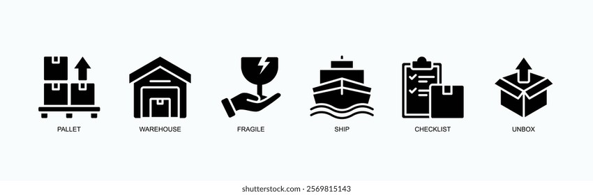 Logistics And Shipping Icons Icon Set Isolated Vector Illustration Concept With Icon Of Pallet, Warehouse, Fragile, Ship, Checklist, Unbox In Glyph Style