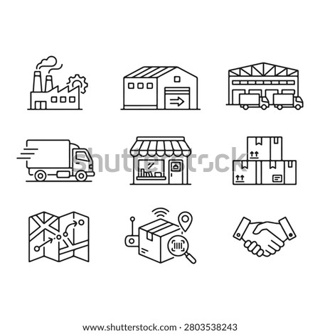 Logistics and shipping icons including factory, warehouse, truck, store, boxes, map, and handshake