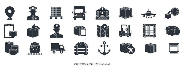 Conjunto de ícones de logística e transporte, ícones incluídos como avião, pacote, empilhadeira, caminhão de entrega e mais coleção de símbolos, ilustração de vetor isolado logotipo