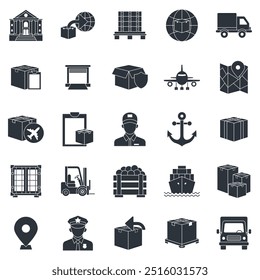 Logistics and Shipping icons set, Included icons as Airplane, Package, Forklift, Delivery Truck and more symbols collection, logo isolated vector illustration