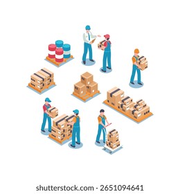 Conjunto de iconos isométricos de logística y envío con trabajadores de almacén. Colección de personajes de almacén, personas que trabajan en el campo de la mercancía de envío. Ilustración vectorial