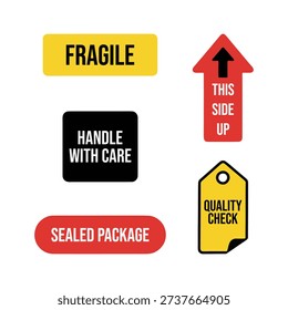 Logistics shipping labels set including Fragile, Handle with care, and This side up.