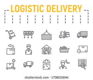 Logistics shipping line icon set, delivery symbols collection, vector sketches, logo illustrations, logistic delivery icons, shipping signs linear pictograms package isolated on white background