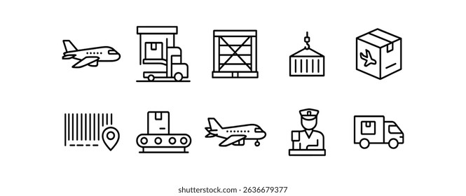 Logistics and shipping line icon set. transportation, delivery essentials in outline style