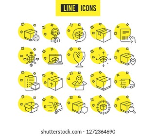 Logistics and Shipping line icons. Set of Truck Delivery, Box and Checklist signs. Push cart, Parcels tracking and World trade. Location pin, Goods Insurance and Document with barcode symbols. Vector