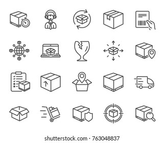 Logistics and Shipping line icons. Set of Truck Delivery, Box and Checklist signs. Push cart, Parcels tracking and World trade. Location pin, Goods Insurance and Document with barcode symbols. Vector